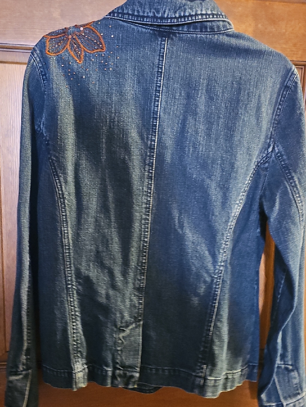 Christopher & Banks Dark Blue Denim Jacket with Copper Floral Embroidery - Picture 3 of 3